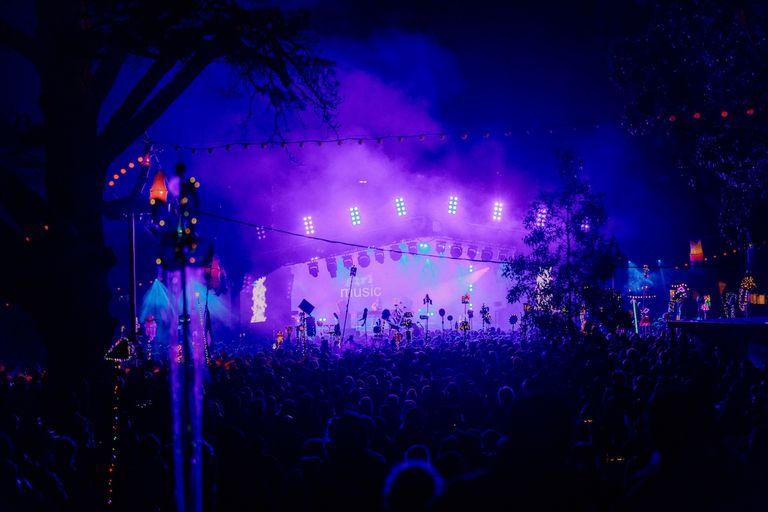 Golden Plains Festival stage illuminated at night by bright purple and blue lights with a large crowd gathered in front of the illuminated trees.
